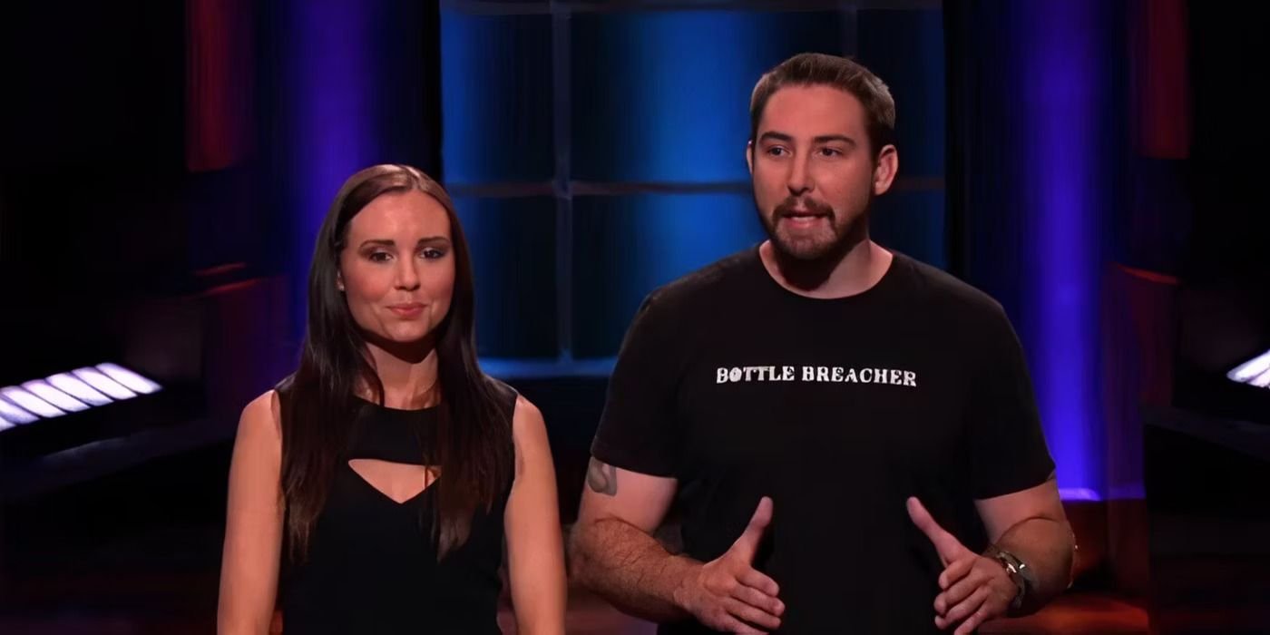 A woman and man both wearing black pitching Bottle Breacher on Shark Tank