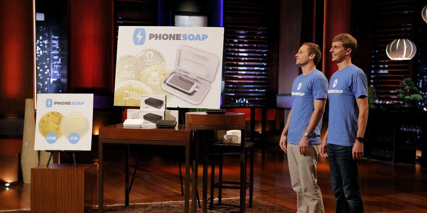 Two men in blue shirts pitching PhoneSoap on Shark Tank