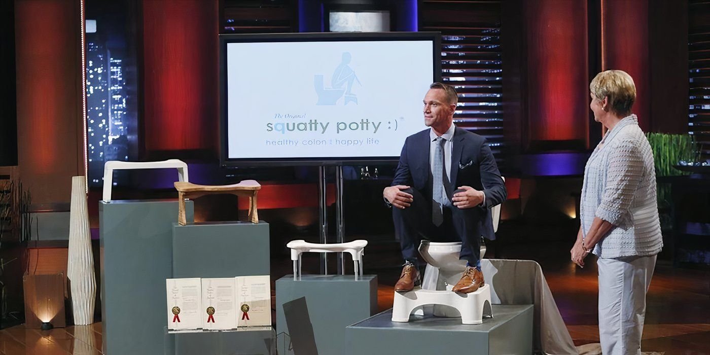 A man and a woman pitching the Squatty Potty on Shark Tank