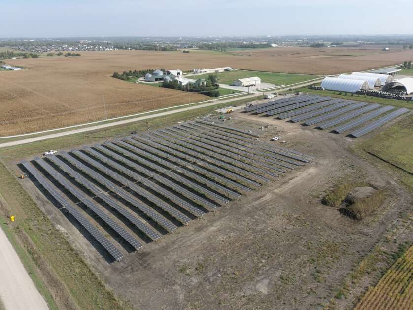 The 10-acre Alliant Energy Solar Farm at Iowa State University has a maximum energy output of 1.35 megawatts — enough to power around 200 homes at full capacity. Crops and pollinator mixes will be planted beneath to create the first utility-scale agrivoltaics project in the Midwest. (Provided by Alliant Energy)