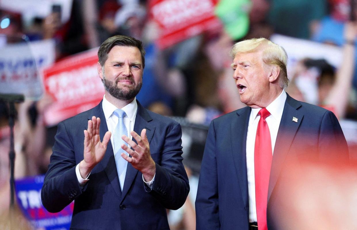 Republican presidential nominee Donald Trump campaigns for the first time with his chosen running mate, Sen. JD Vance of Ohio, in Grand Rapids, Mich., on July 20, 2024.