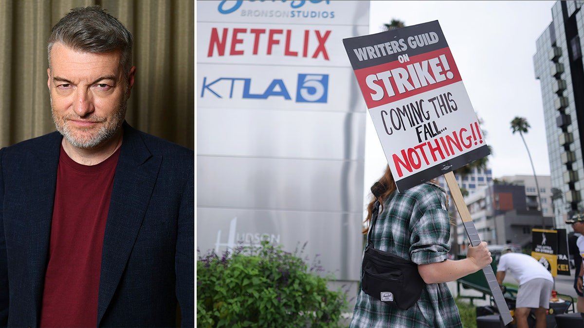 Side by side photos of Charlie Brooker and a WGA strike marcher