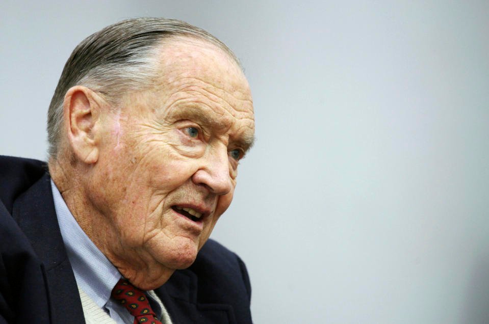 FILE - In this Tuesday, May 20, 2008, file photo, John Bogle, founder of The Vanguard Group, talks during an interview with The Associated Press, in New York. Vanguard announced Wednesday, Jan. 16, 2019, that John C. 