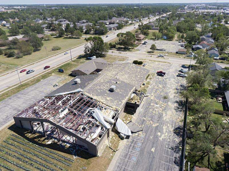 The River of Life Church in Cedar Rapids sustained heavy damage in the derecho, as shown in this Aug. 11, 2020, aerial photo. (Stephen Mally/Freelance)