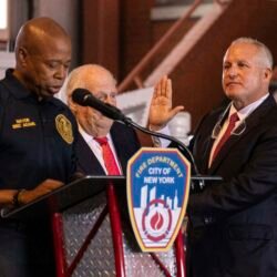 Robert Tucker, right, is sworn in as a new New York City Fire Commissioner during a ceremony at FDNY Fire Academy, Monday, Aug. 12, 2024, in New York. AP Photo/Yuki Iwamura