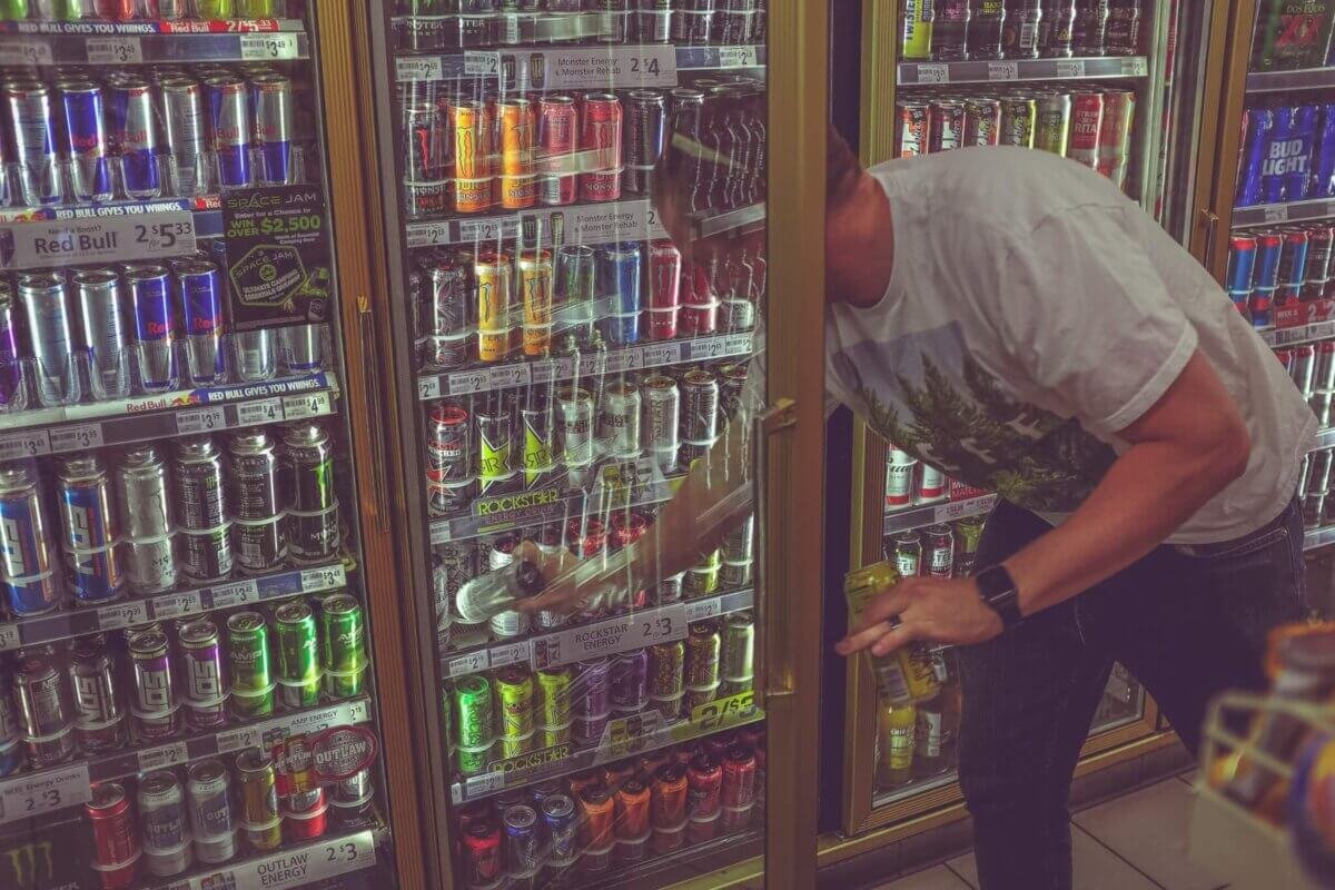 Energy drinks in a store refrigerator