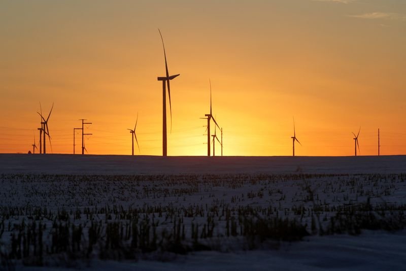 © Reuters. FILE PHOTO: A wind farm shares space with corn fields the day before the Iowa caucuses, where agriculture and clean energy are key issues, in Latimer, Iowa, U.S. February 2, 2020. REUTERS/Jonathan Ernst/File Photo