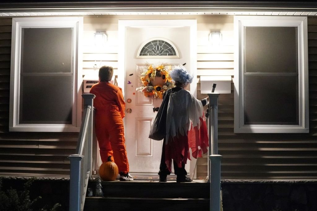 A general view of children going Halloween trick or treating in Hawthorne, NJ on October 31, 2023. 