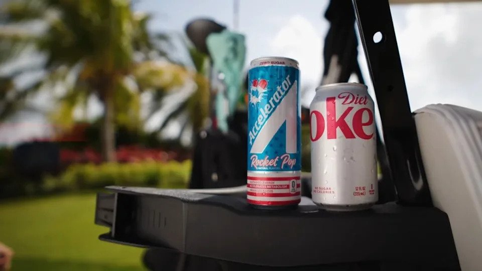 The advertisement pokes fun at President Trump’s noted favorite beverage Diet Coke. YouTube/Accelerator Active Energy