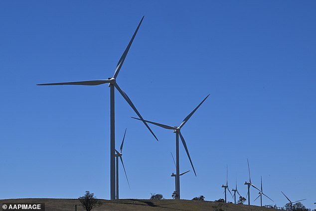 Power-generating wind turbines are seen at the Collector Wind Farm 50km south of Goulburn