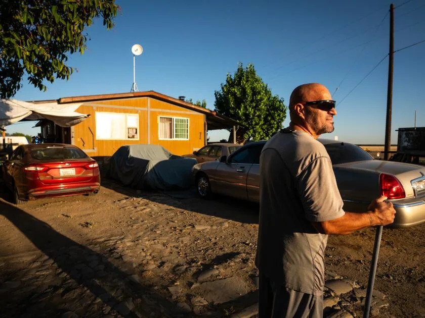 Uriel Sanchez lives in this trailer with his father in Cantua Creek, where the median household income in 2023 was $40,222.