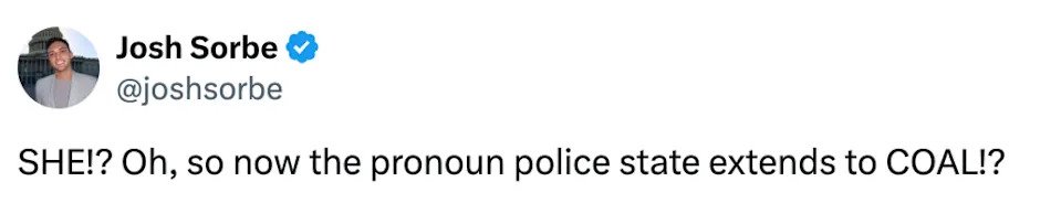 Tweet by Josh Sorbe questioning use of pronouns, humorously extending the concept to coal