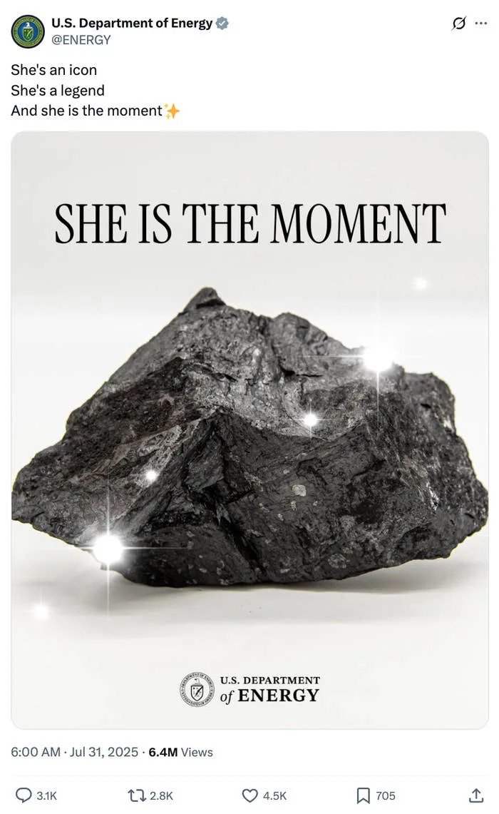 A shiny rock is highlighted with text saying "She is the moment," shared by the U.S. Department of Energy on social media