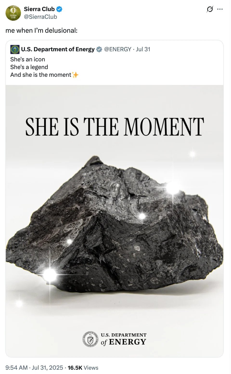 A large black rock is shown with sparkles, captioned "She is the moment," used in a tweet by U.S. Department of Energy