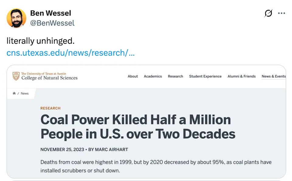 Research article headline: "Coal Power Killed Half a Million People in U.S. over Two Decades." Published November 25, 2023, by Marc Airhart