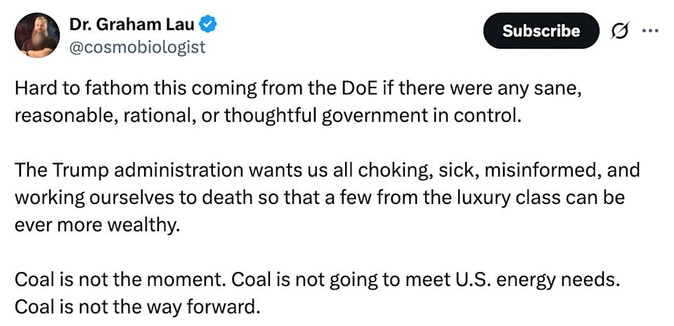 Tweet by Dr. Graham Lau criticizing the U.S. government's coal policies and advocating for different energy solutions