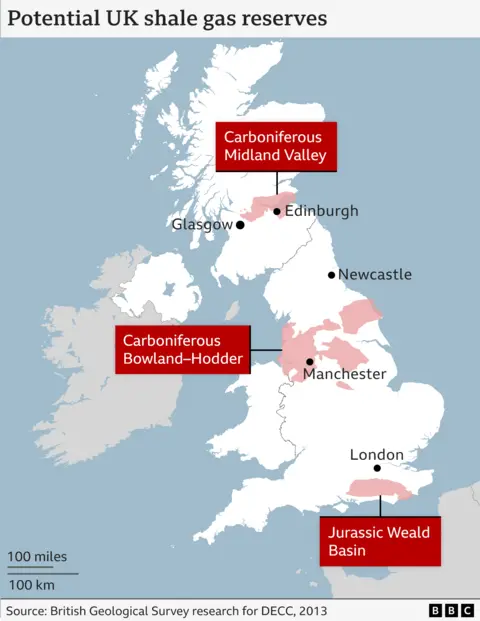 A graphic showing potential shale gas reserves in the UK, according to the British Geological Survey