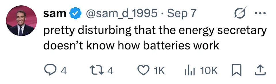 Tweet by user stating concern about the energy secretary's understanding of battery functionality