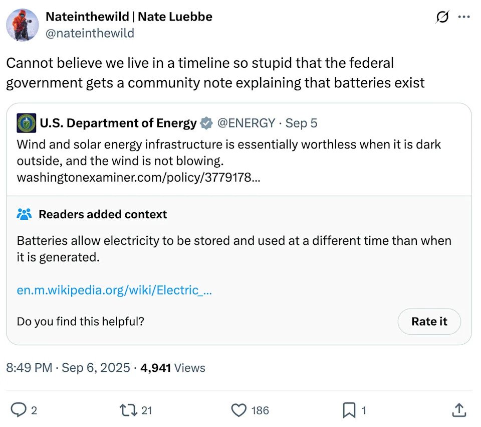 Tweet by Nate Luebbe criticizes a government explanation about battery storage, citing a U.S. Department of Energy post on energy storage