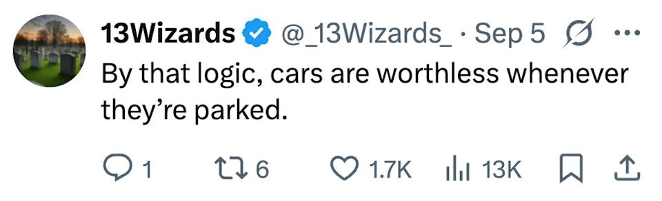 Tweet by @13Wizards says, "By that logic, cars are worthless whenever they’re parked." 1.7K comments, 13K retweets, and 11K likes