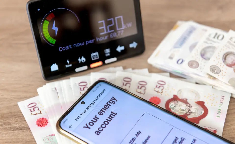 A smart energy meter displaying electricity cost, a mobile phone with an energy bill, and banknotes.