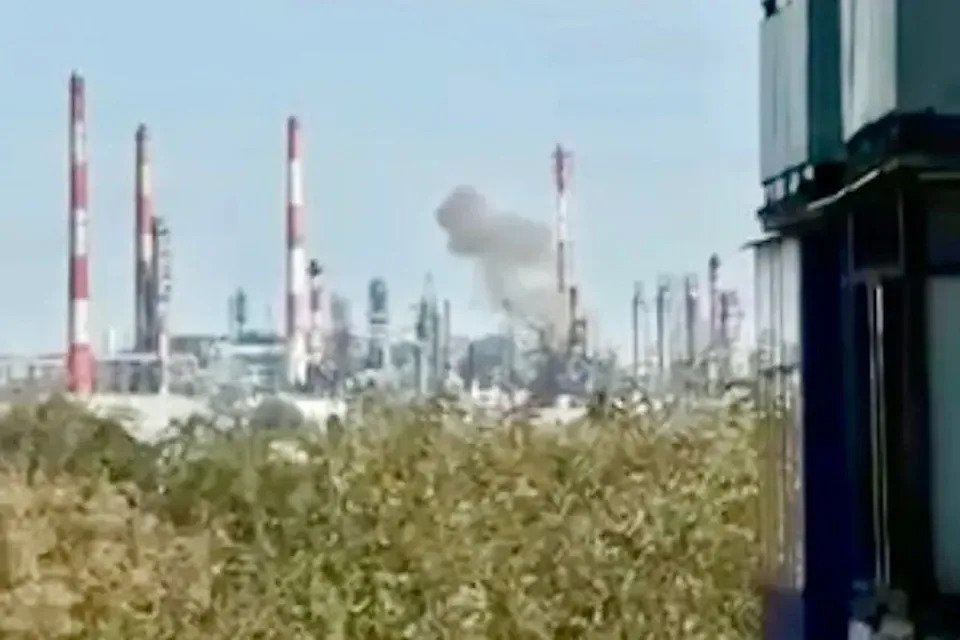 Smoke billows from an oil refinery in Russia on Friday following a Ukrainian drone strike (SBU)