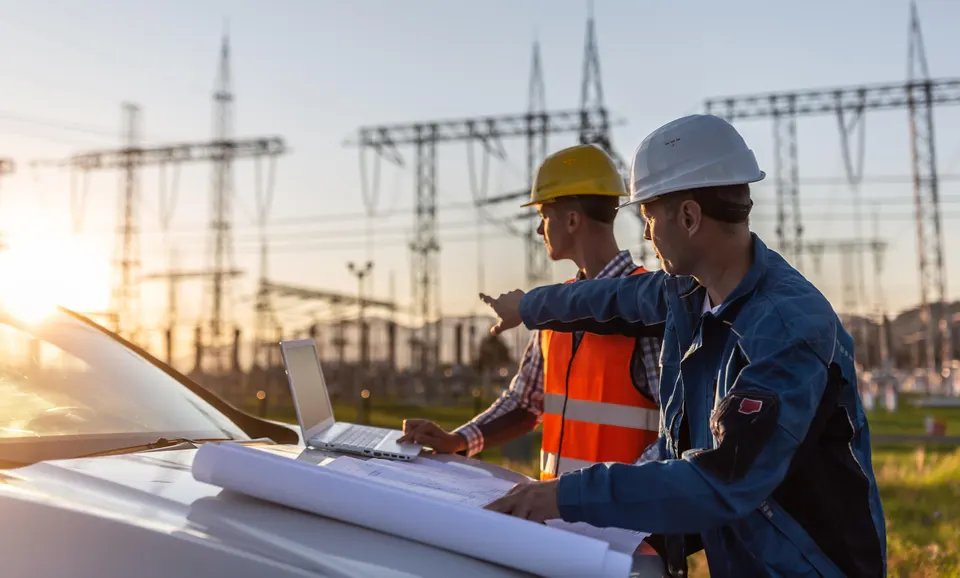 Blue collar worker points towards sun setting over power distribution center with white collar worker looking the same direction.