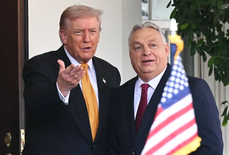President Donald Trump greets Hungarian Prime Minister Viktor Orban