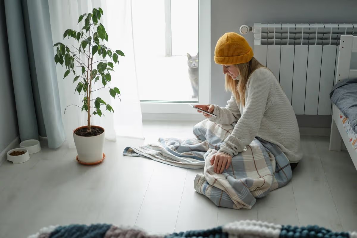woman with a smartphone in her hands sits on the floor near the radiator