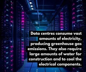 image of data centres with the following text: Data centres consume vast amounts of electricity, producing greenhouse gas emissions. They also require large amounts of water for construction and to cool the electrical components.