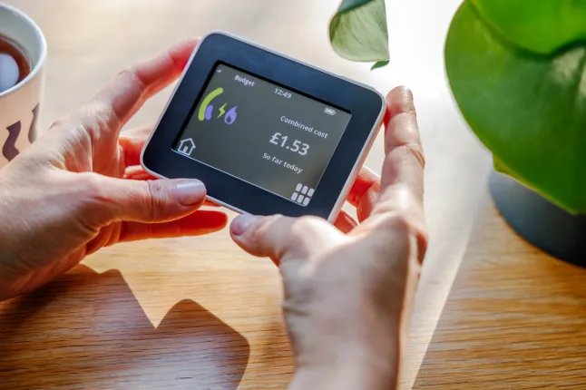 A person holding an energy smart meter above a table.