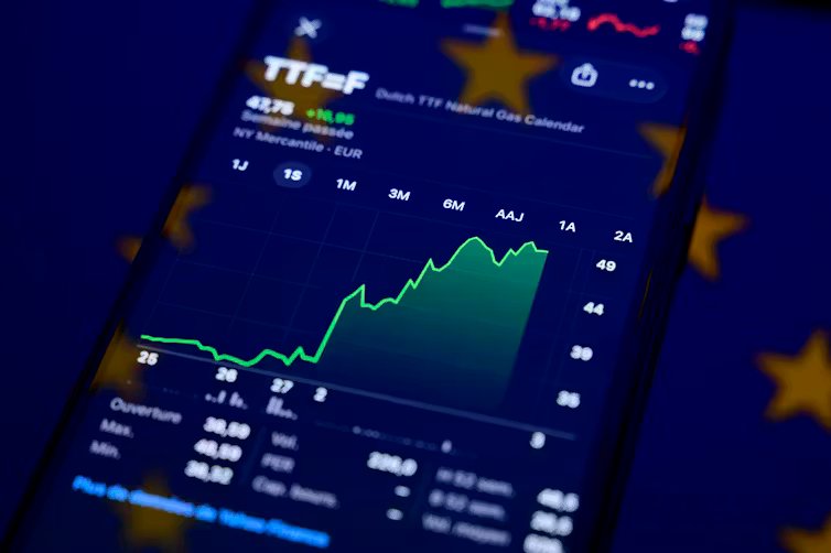 A mobile phone shows a chart of natural gas prices in Europe (Dutch TTF).