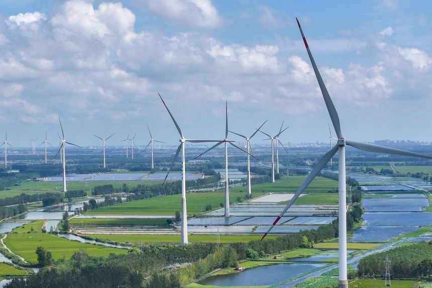 Wind turbines in Jinhu County, Huai'an City, in China's eastern Jiangsu Province. China has become a wind energy superpower, adding a large percentage to new global capacity in recent years.