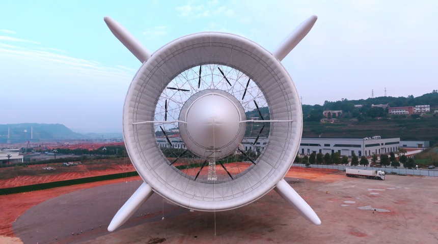A rear view of the S2000 prototype, which is 40 meters (131 feet) high and 60 meters (197 feet) long and features 12 turbines.