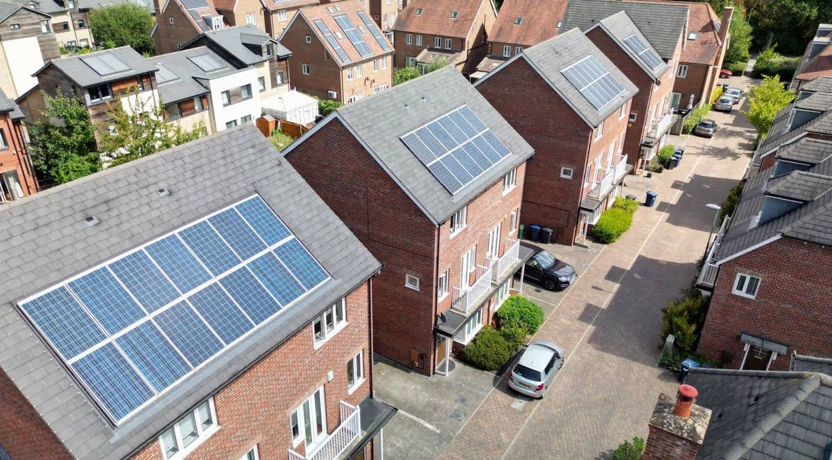 Elevated view of a street of solar powered housing