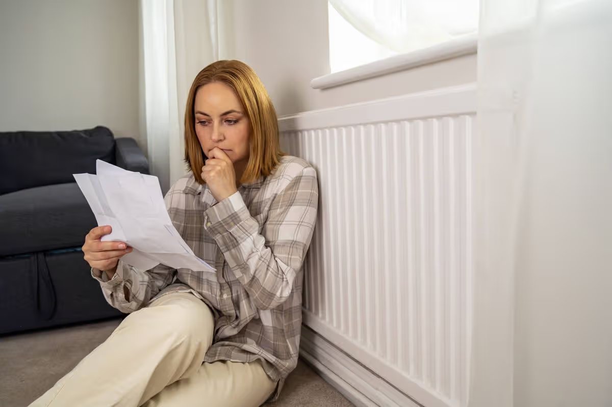 Worried woman holding utility paper bills next to heating thermostat, increasing heating costs