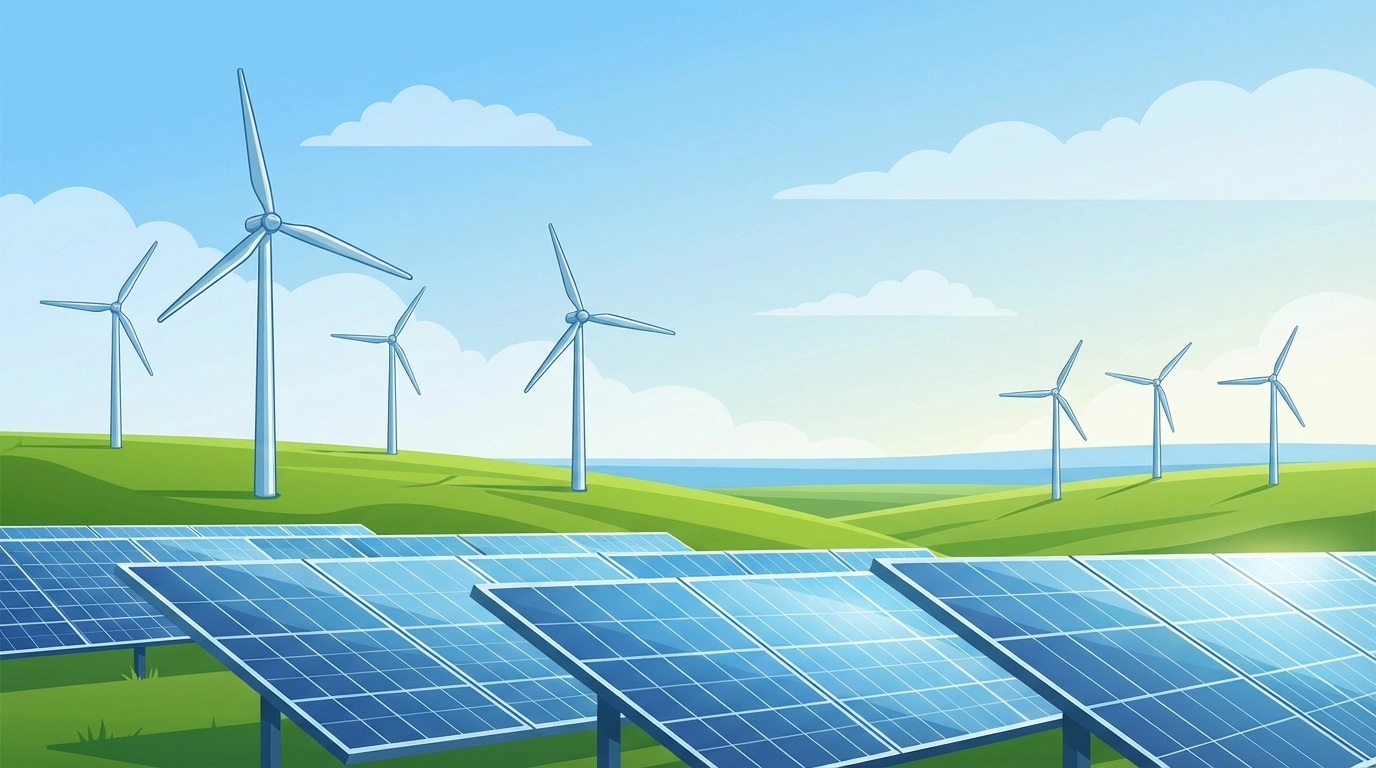 An illustration of a green landscape under a blue sky with white clouds. In the foreground, multiple rows of blue solar panels are visible. In the midground, several tall white wind turbines with three blades stand on rolling green hills. A body of water is faintly visible on the horizon.