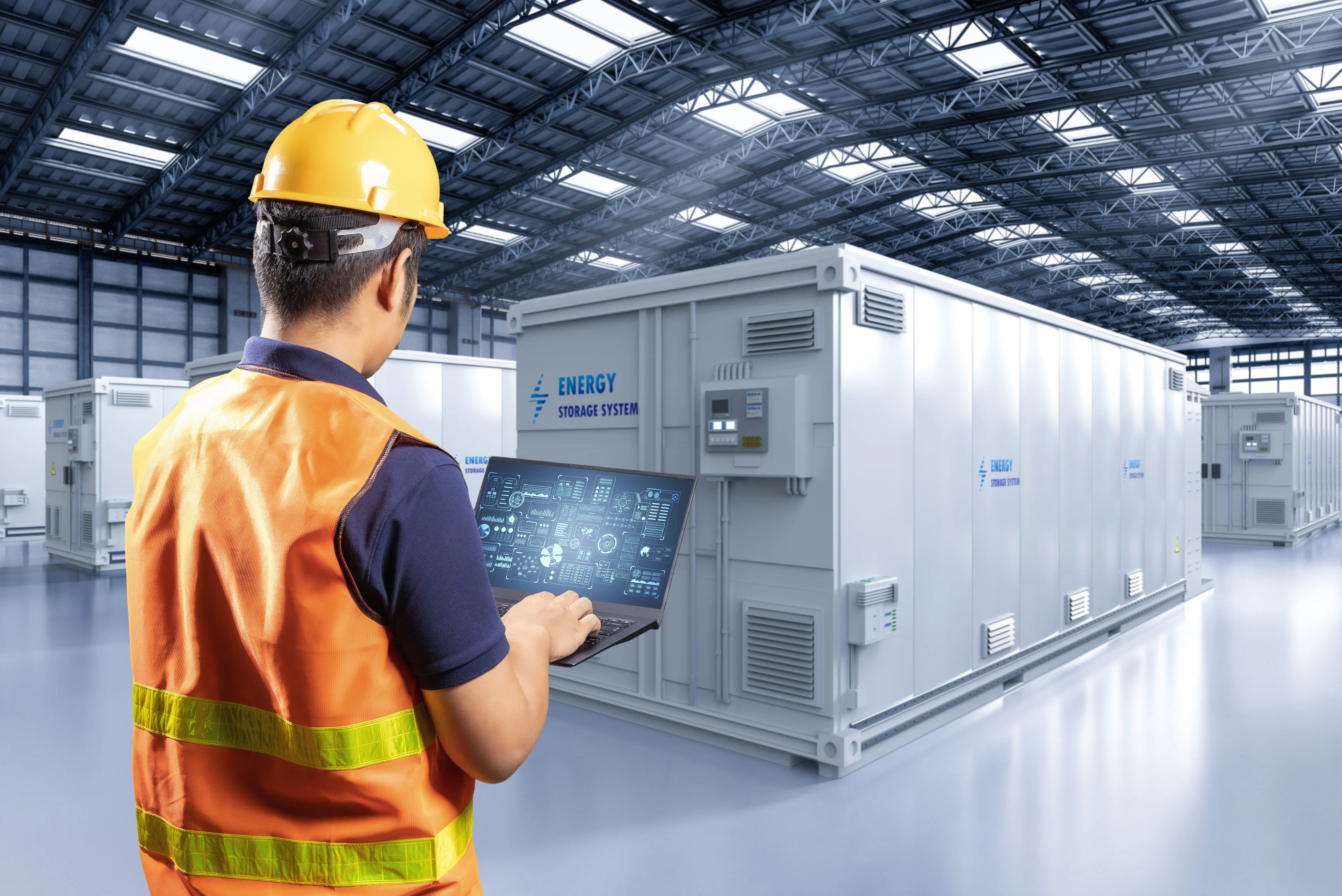 An engineer digitally operating an energy storage system in a factory.