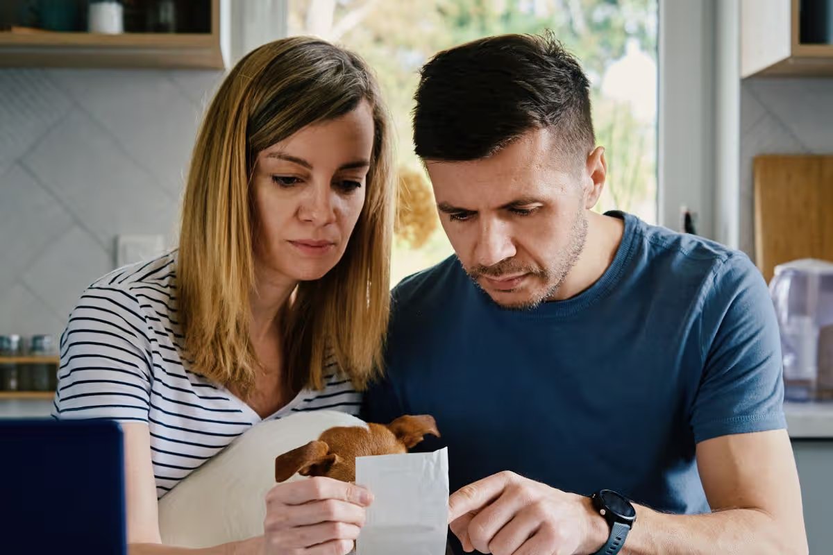 Woman and man looking worried while sat down examining bills