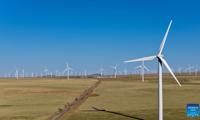 An aerial drone photo taken on May 7, 2026 shows a view of the Huitengliang wind farm in Xilinhot City, Xilingol League, north China's Inner Mongolia Autonomous Region. (Photo: Xinhua)