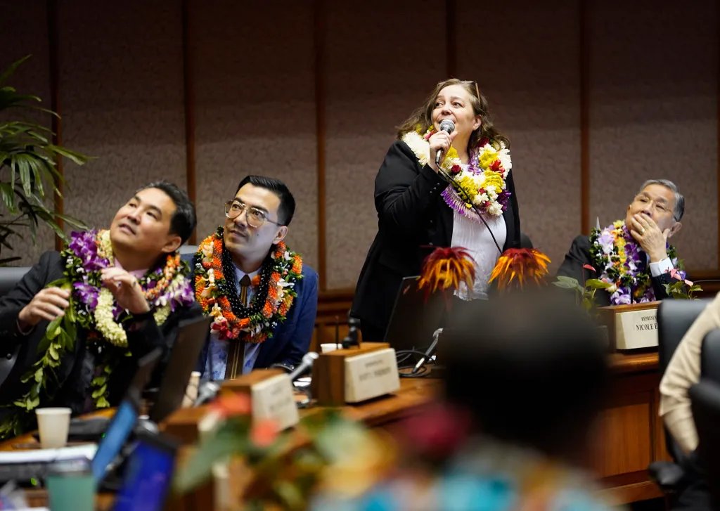 The House of Representatives Nicole Lowen recognizes people in the gallery during the opening of the legislative session Wednesday, Jan. 17, 2024, in Honolulu. (Kevin Fujii/Civil Beat/2024)
