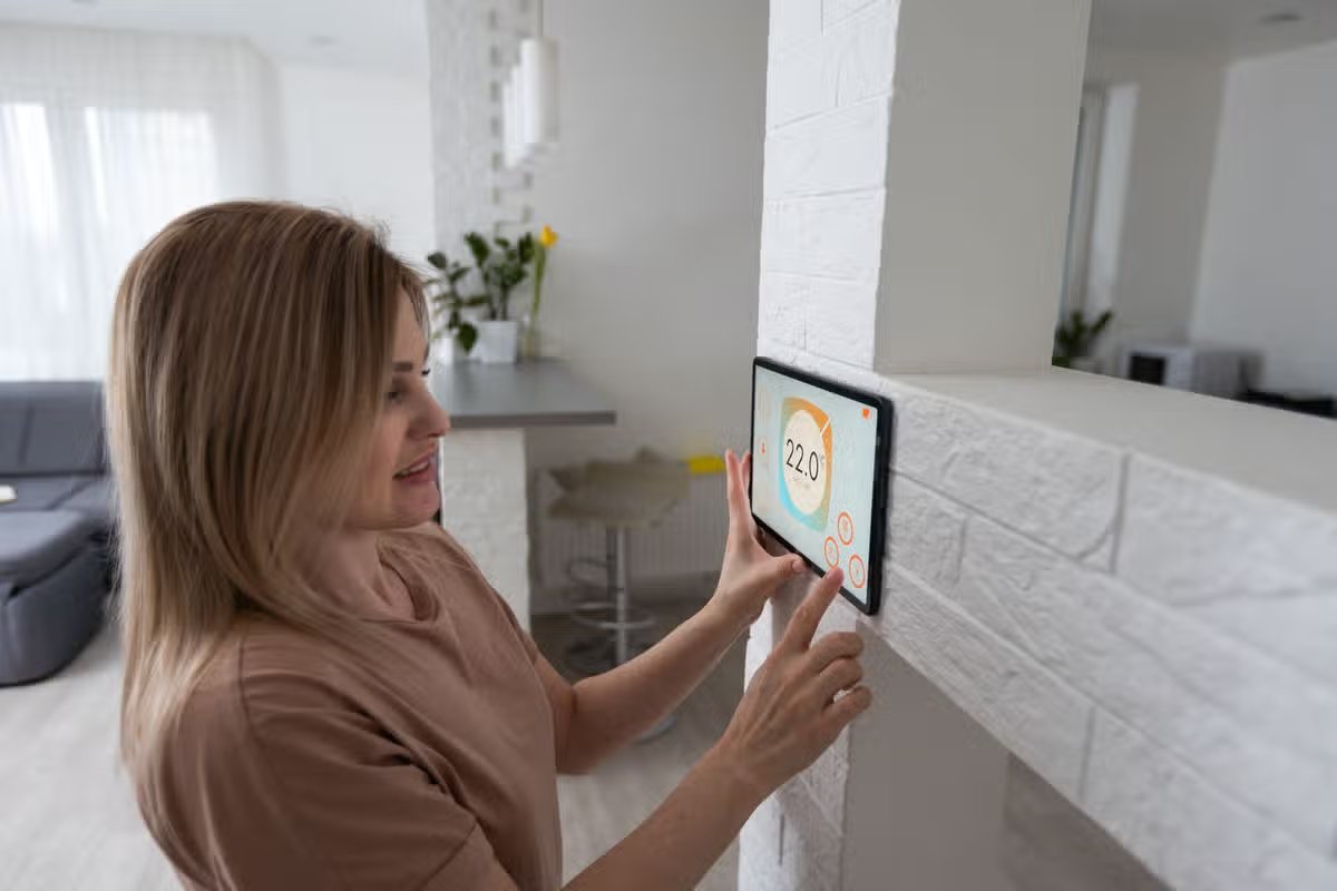 A woman checking her heating settings